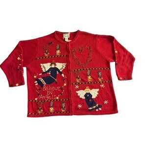 VTG Quacker Factory Angels Cardigan‎ Sweater Novelty Whimsy Cottage 2X Angora